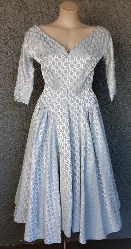 1950's Cocktail Swing dress, Satin, Damask, 3/4 sleeve, blue, USA, size 8 - Image 5