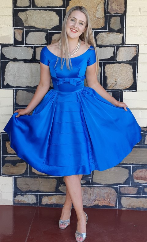 1950's, Cocktail frock, Satin, electric blue, handmade, size 10 - Image 5