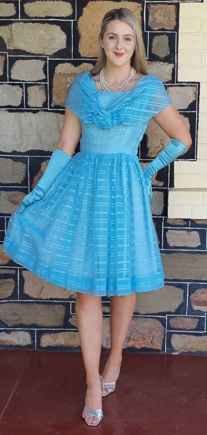 1950's, Party Dress & Gloves, blue, Nylon/satin, by 'Linda Patrica', USA, size 10. - Image 8