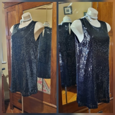 Disco Dress, black sequined, by 'Peter Morrissey', size 12
