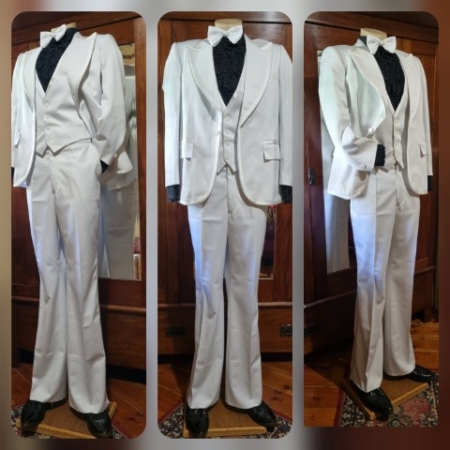 1970's-Inspired, 3 piece, Disco Suit and bow tie, White, Polyester, by 'Fun Costumes', size L.