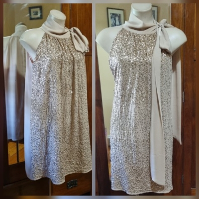 Disco Dress, Gold sequined on beige chiffon, size S-M