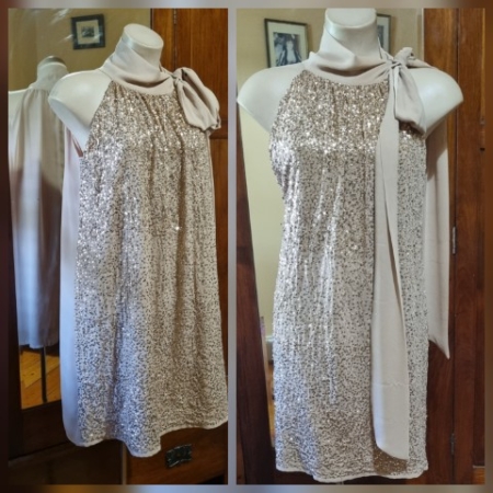 Disco Dress, Gold sequined on beige chiffon, size S-M