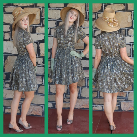 1950's, Original Day Dress, green, Nylon, hand made, size 10