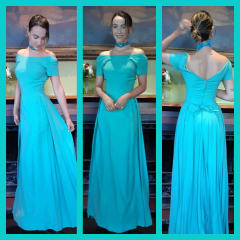 1950's Gown, with Choker & broach Turquoise, rayon, handmade, Size 8
