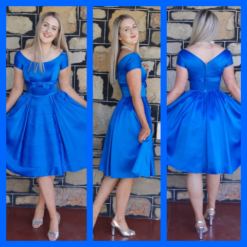 1950's, Cocktail frock, Satin, electric blue, handmade, size 10