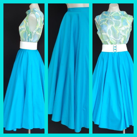 1950's inspired, Swing skirt, aqua, Cotton, size 6-8