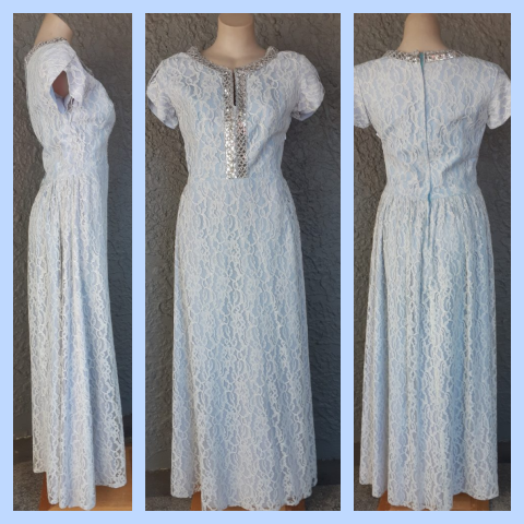 1950's, Evening Gown, light blue, satin & lace, handmade, USA, size 12.