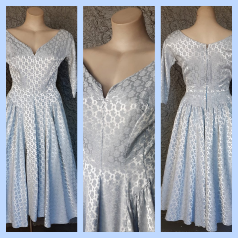 1950's Cocktail Swing dress, Satin, Damask, 3/4 sleeve, blue, USA, size 8