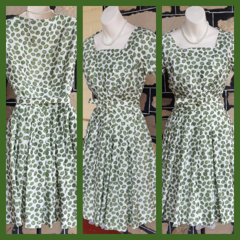 1950's, Swing Day Dress, Cream/green print, rayon, handmade, size 8