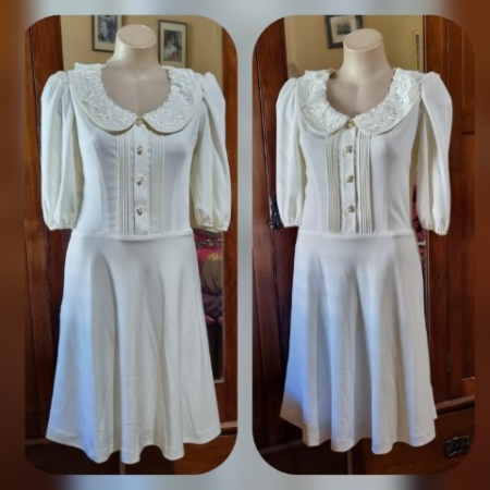 1980's White Jersey Dress, Short Sleeves, Lace collar, size 12