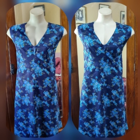 1970's Sleeveless A-line dress, blue floral print, polyester, Handmade, size 14-16
