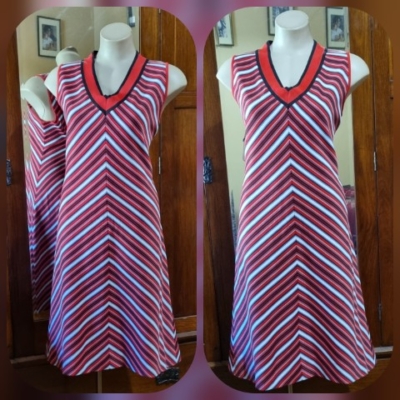 1970's A-line Dress, Red/white Stripes, Polyester, Handmade, size 14
