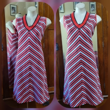 1970's A-line Dress, Red/white Stripes, Polyester, Handmade, size 14
