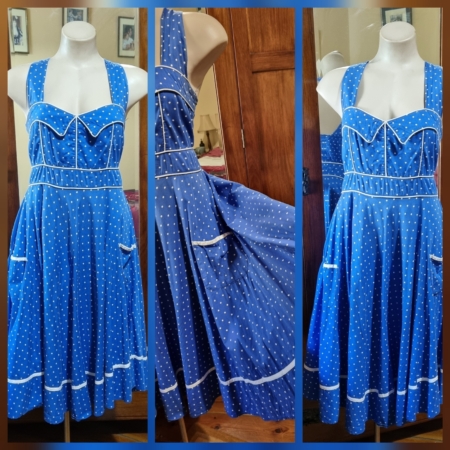 1950's Inspired Swing dress, blue/white polka-dot, cotton, by 'Hell Bunny', size L
