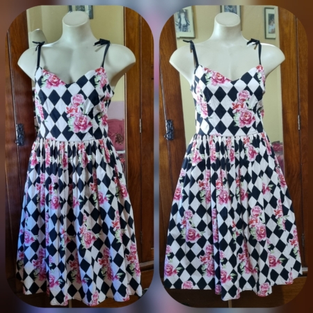 1950's Inspired swing dress, Harlequin/Rose print, cotton, by 'Hell Bunny', size M