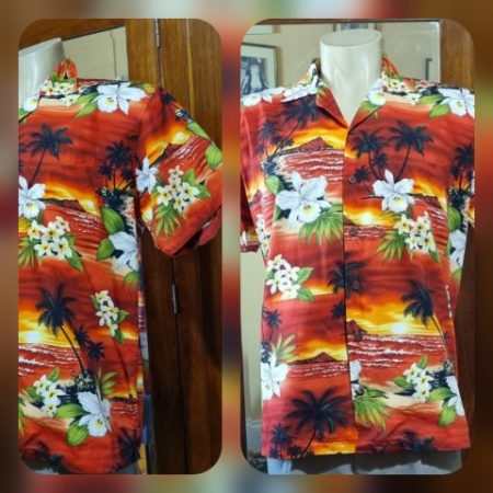 Hawaiian Shirt, Cotton, Red with white hibiscus, by 'Favant, size XL