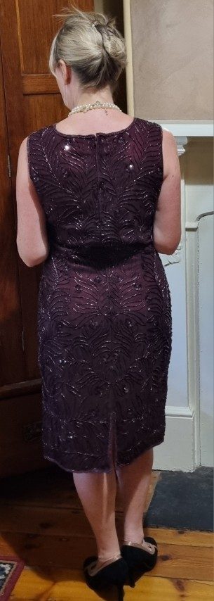 1980's Evening Dress, Sleeveless, Maroon beaded, polyester, Made in UK, size 12 - Image 3