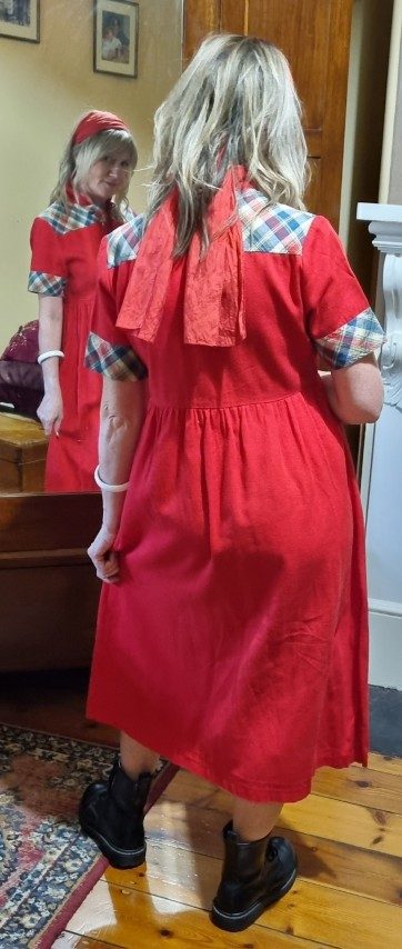 1970's Empire Line dress, cotton, Red/tartan trim, by 'Peddles', size S - Image 5