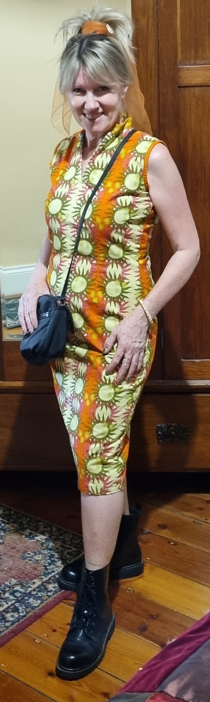 1960's Shift Dress, Orange/yellow, pop-art print, handmade, size S-L - Image 2