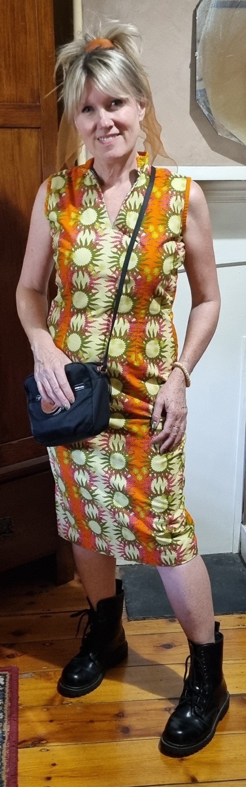 1960's Shift Dress, Orange/yellow, pop-art print, handmade, size S-L - Image 3