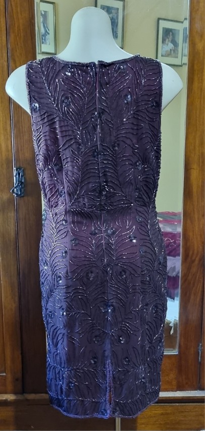 1980's Evening Dress, Sleeveless, Maroon beaded, polyester, Made in UK, size 12 - Image 6