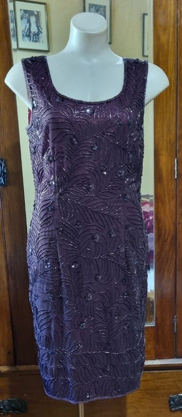 1980's Evening Dress, Sleeveless, Maroon beaded, polyester, Made in UK, size 12 - Image 7