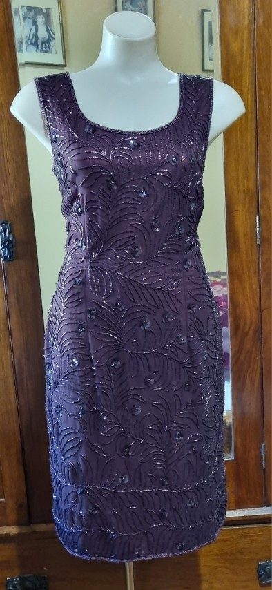 1980's Evening Dress, Sleeveless, Maroon beaded, polyester, Made in UK, size 12 - Image 8