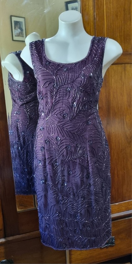 1980's Evening Dress, Sleeveless, Maroon beaded, polyester, Made in UK, size 12 - Image 4