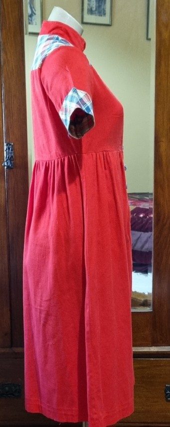 1970's Empire Line dress, cotton, Red/tartan trim, by 'Peddles', size S - Image 7