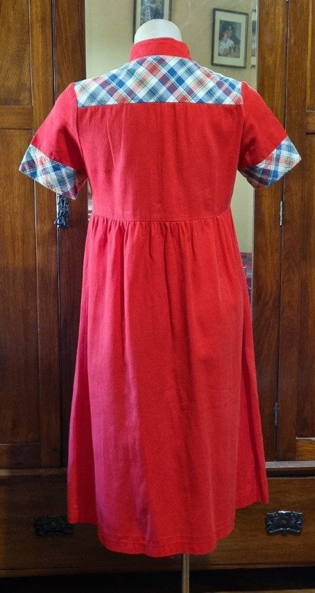 1970's Empire Line dress, cotton, Red/tartan trim, by 'Peddles', size S - Image 8