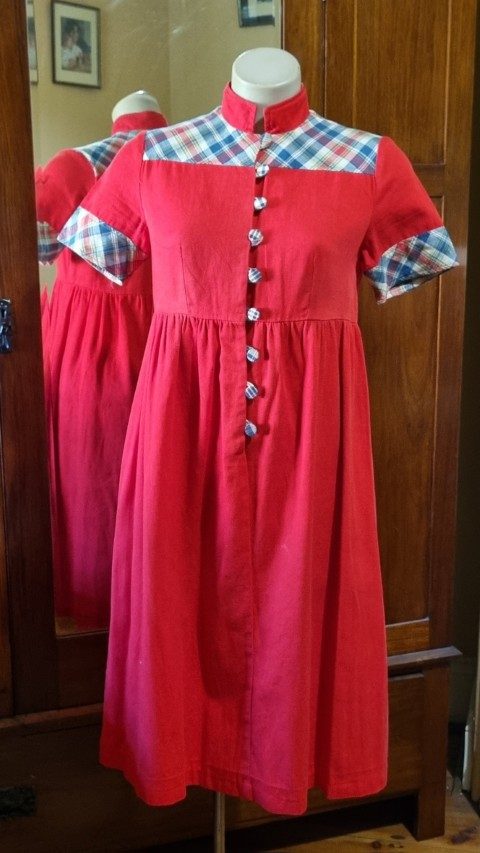 1970's Empire Line dress, cotton, Red/tartan trim, by 'Peddles', size S - Image 9