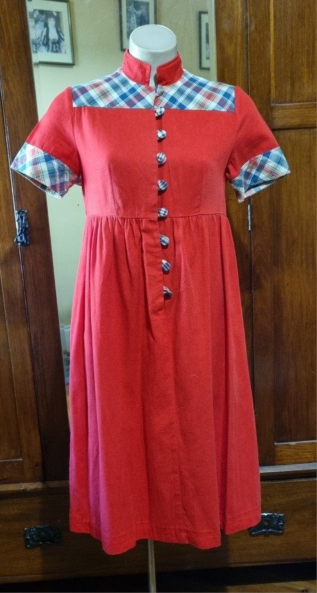 1970's Empire Line dress, cotton, Red/tartan trim, by 'Peddles', size S - Image 10