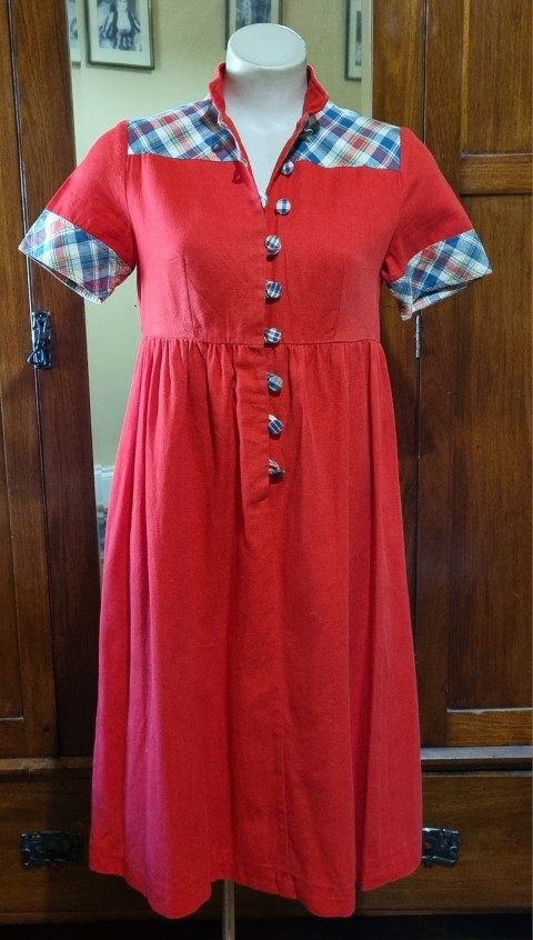 1970's Empire Line dress, cotton, Red/tartan trim, by 'Peddles', size S - Image 11