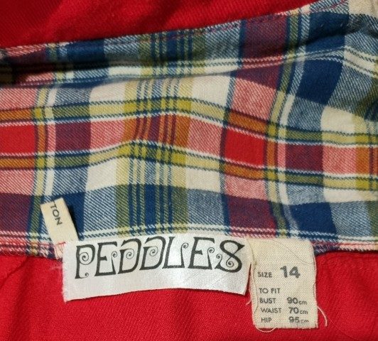 1970's Empire Line dress, cotton, Red/tartan trim, by 'Peddles', size S - Image 12