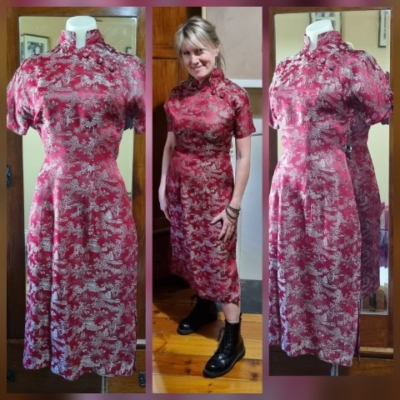 1960's Cheongsam, Deep Red/Gold, Rayon, Handmade, size 8