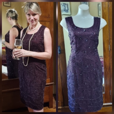 1980's Evening Dress, Sleeveless, Maroon beaded, polyester, Made in UK, size 12