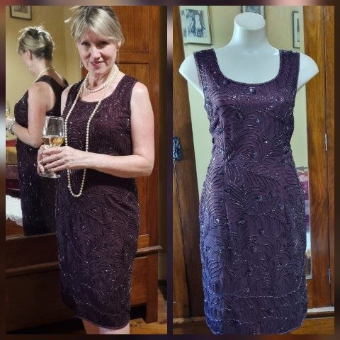 1980's Evening Dress, Sleeveless, Maroon beaded, polyester, Made in UK, size 12