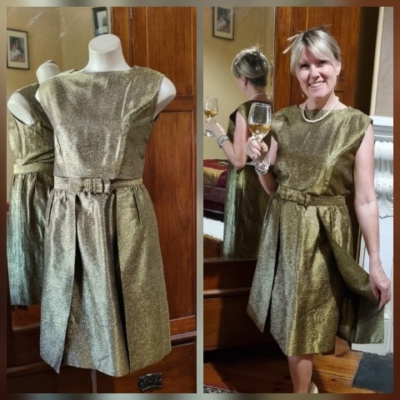 1960's Cocktail dress, Gold Lurex, with detachable over-skirt, Handmade, size 10