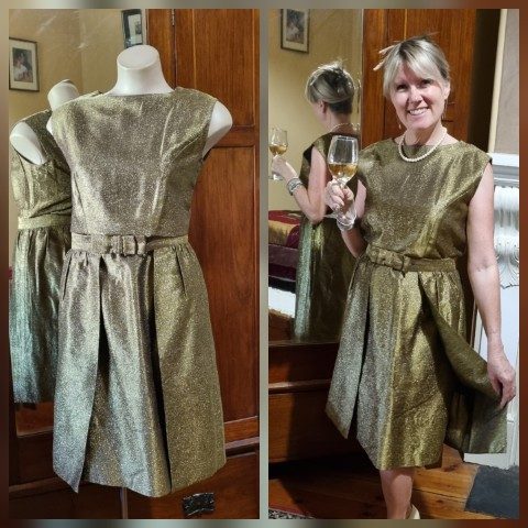 1960's Cocktail dress, Gold Lurex, with detachable over-skirt, Handmade, size 10