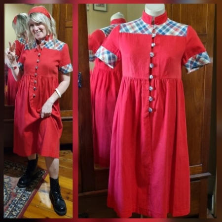 1970's Empire Line dress, cotton, Red/tartan trim, by 'Peddles', size S