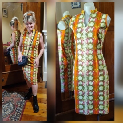 1960's Shift Dress, Orange/yellow, pop-art print, handmade, size S-L