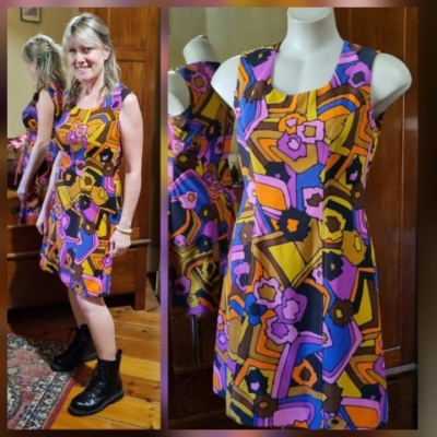 1970's A-line Dress, Multi coloured, geometric print, handmade, polyester, size 10