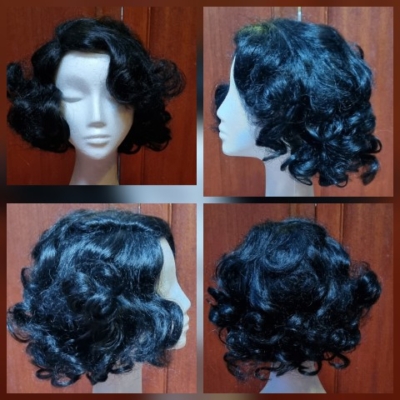 Wig, Black Curly, shoulder length, roaring 20's, synthetic, by 'Carnival Products