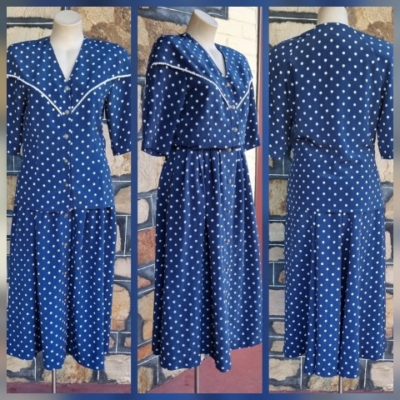 1980's Skirt Suit by 'Jaqueline Eve', Size S, navy/white polka-dot, polyester.