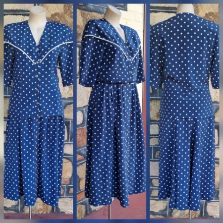1980's Skirt Suit by 'Jaqueline Eve', Size S, navy/white polka-dot, polyester.