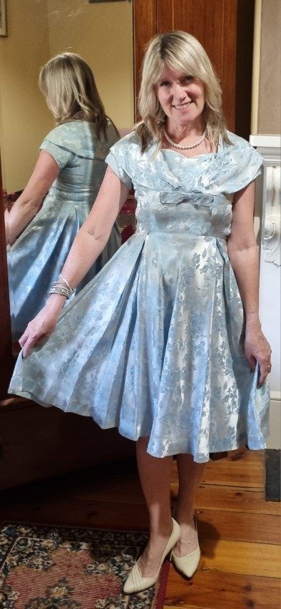 1950's Satin Damask Swing Dress, blue, handmade, size 6 - Image 2