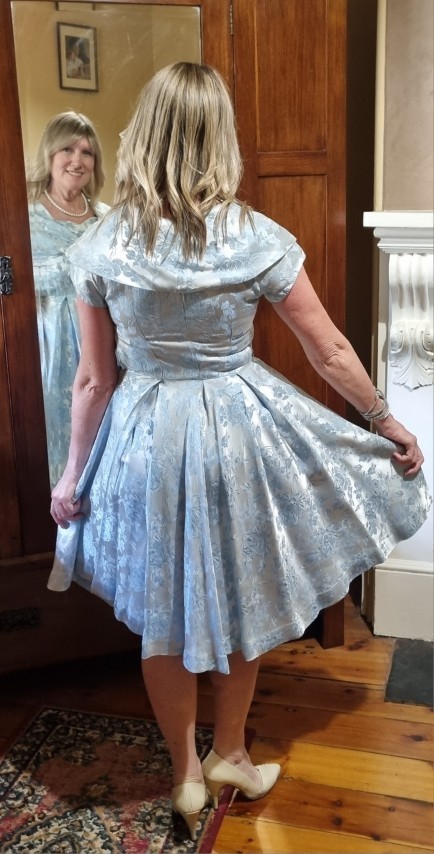 1950's Satin Damask Swing Dress, blue, handmade, size 6 - Image 3