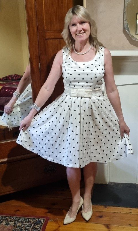1960's-inspired Swing Dress, white/black polka-dot, by 'Review', size 6 - Image 2