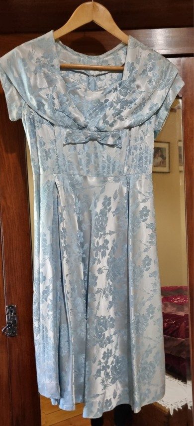 1950's Satin Damask Swing Dress, blue, handmade, size 6 - Image 5